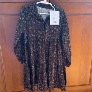 Wheat Floral Long-Sleeve Kids Dress in Dark Green Floral